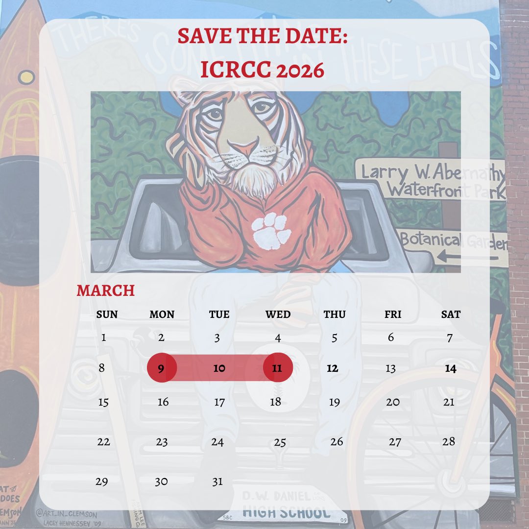Hey ICRCC community—we’re heading back to Tigertown!

Join us March 9–11, 2026 at Clemson University for the International Crisis &amp; Risk Communication Conference as we dive into the latest research and strategies.  

Need a letter of invitation? DM us!
See y’all there!  

#ICRCC