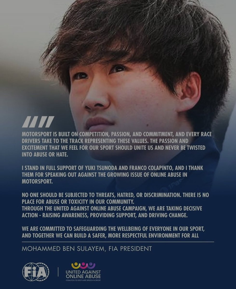FIA President Mohammed Ben Sulayem has issued a statement regarding the social media abuse encountered by Yuki Tsunoda in recent days. #F1
