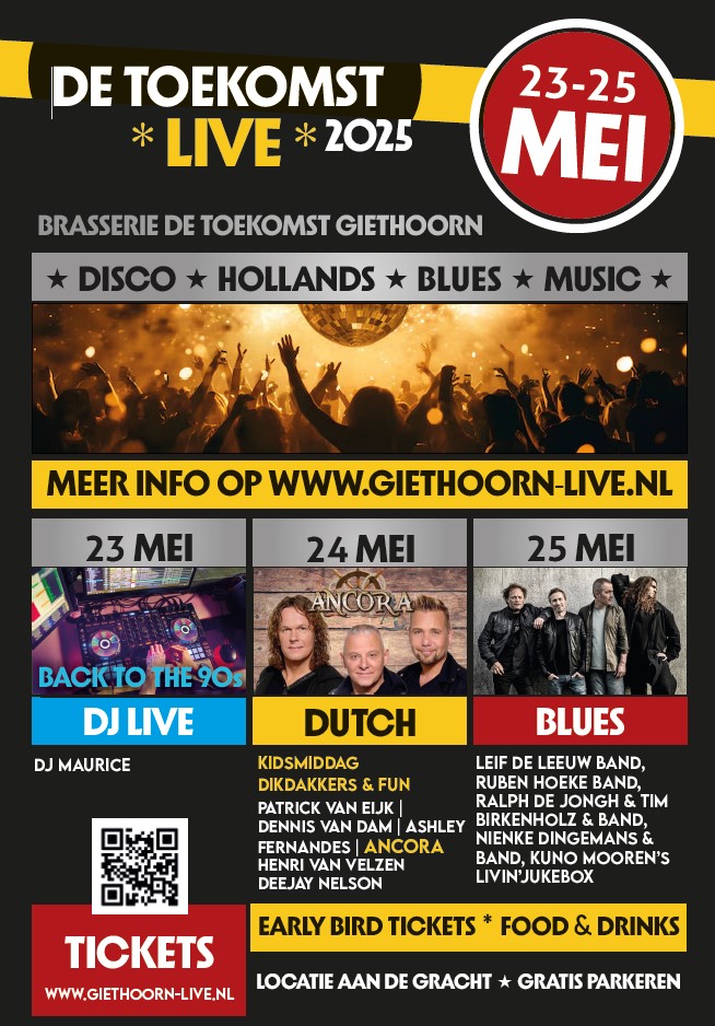 🎶 Giethoorn Live 2025 – 3 dagen feest in de feesttent!
📅 23 t/m 25 mei
🎤 Live muziek van o.a. Dikdakkers &amp; ANCORA
🍔 Foodtrucks, sfeer &amp; gezelligheid in Giethoorn

🎟️ Tickets: rfr.bz/t3e6130
#GiethoornLive2025 #LiveMuziek #Feesttent #Giethoorn #Festival 🎪