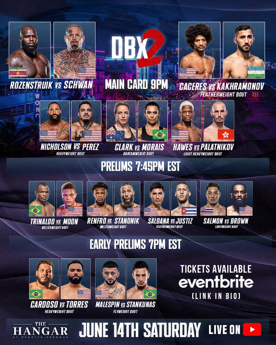 Dirty Boxing is back in Miami on June 14th!

We’ve got a stacked card for DBX2—headlined by a heavyweight brawl between Jairzinho Rozenstruik vs. Devon Schwan, and co-main event Alex Caceres vs. SaidYokub Kakhramonov.

Also we have tons of other veterans from Phil Hawes,
