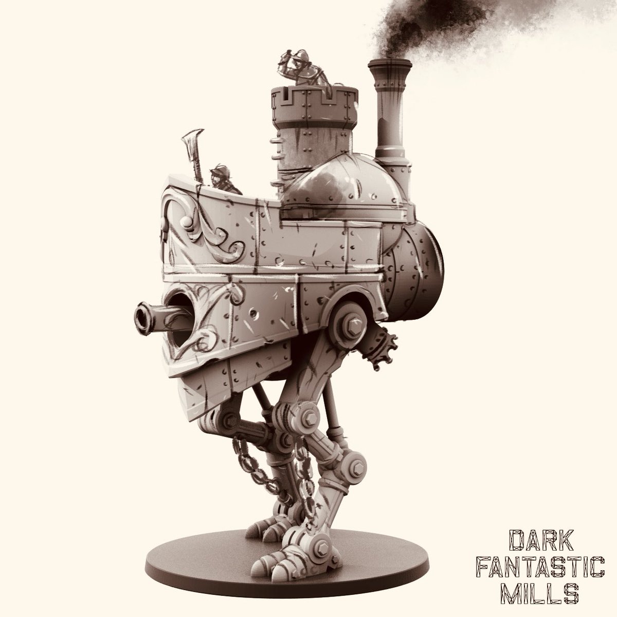 Productive Monday at the Dark Mills! We’re adding a smaller ‘scout’ walker to the Steam Fort range, and the process starts with a test print for scale and a paint over to decide on details - it’s on a 130mm base, so could be ideal as a Mega Gargant sub?