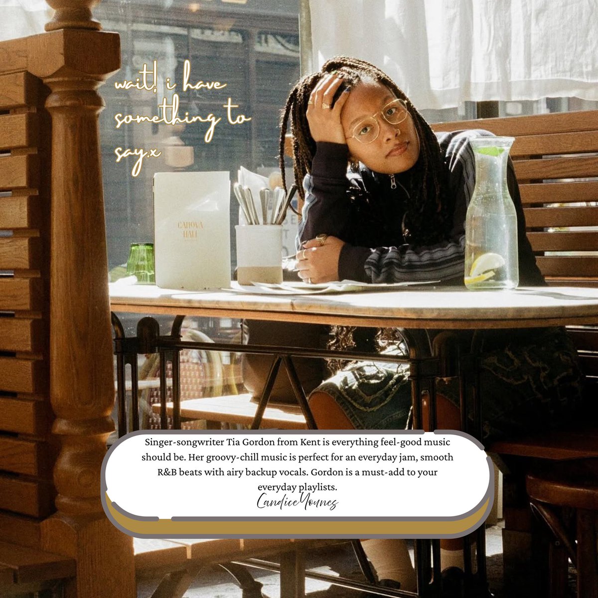Incoming & Outgoing Magazine (@incomingzine) on Twitter photo Wait! I have something to say! Have you listened to Tia Gordon's new ep yet? Well take a listen and then check out Candice's review at the link in our bio!
.
.
📸 photo from Tia Gordon
🎨 graphic by Kamerin Schindewolf-Broyles
✍️ words by <a href="/CandiceYounes/">Candice Younes</a> Wait! I have something to say! Have you listened to Tia Gordon's new ep yet? Well take a listen and then check out Candice's review at the link in our bio!
.
.
📸 photo from Tia Gordon
🎨 graphic by Kamerin Schindewolf-Broyles
✍️ words by <a href="/CandiceYounes/">Candice Younes</a>