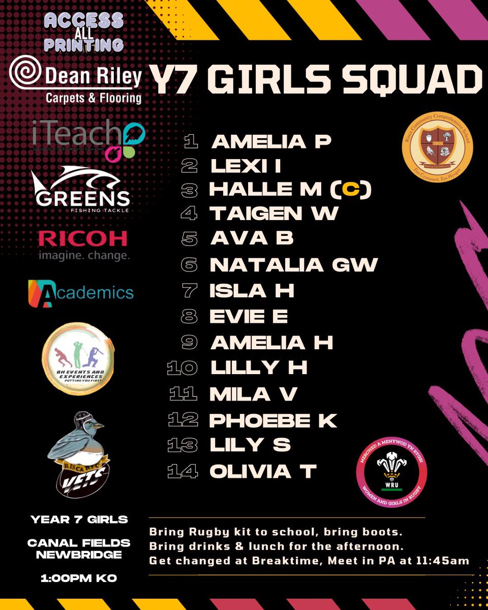 RCCS Rugby π (@rccs_rugby) on Twitter photo ππππ 7 πΉππππ | Girls Fixture
Tomorrow our Year 7 girls team travel to <a href="/newbridgepe/">Newbridge PE Dept</a> to play - 1pm KO on the Canal Fields! Pupils to bring Packed Lunch, Rugby Kit and Boots.
Please get changed at lunchtime, meet in PA for 11:40am! Pupils will return for 3pm.
#TeamRisca ππππ 7 πΉππππ | Girls Fixture
Tomorrow our Year 7 girls team travel to <a href="/newbridgepe/">Newbridge PE Dept</a> to play - 1pm KO on the Canal Fields! Pupils to bring Packed Lunch, Rugby Kit and Boots.
Please get changed at lunchtime, meet in PA for 11:40am! Pupils will return for 3pm.
#TeamRisca