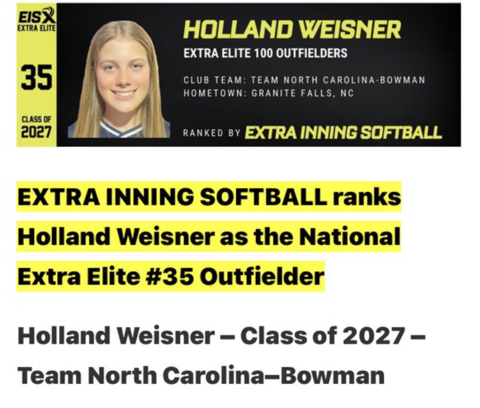 Holland Weisner 2027 (@hollandweisner) on Twitter photo Thank you <a href="/ExtraInningSB/">EXTRA INNING SOFTBALL</a> for recognizing me in this list of truly talented athletes! <a href="/teamnc_bowman/">Team North Carolina Bowman</a> <a href="/SCHSfastpitch/">Spartan Softball</a> <a href="/CharlotteSB/">Charlotte Softball</a> <a href="/AppStateSB/">App State Softball</a> <a href="/clemsonsoftball/">Clemson Softball 🥎</a> <a href="/HokiesSoftball/">Virginia Tech Softball</a> <a href="/UNCSoftball/">Carolina Softball</a> <a href="/CofCSoftball/">Charleston Softball</a> Thank you <a href="/ExtraInningSB/">EXTRA INNING SOFTBALL</a> for recognizing me in this list of truly talented athletes! <a href="/teamnc_bowman/">Team North Carolina Bowman</a> <a href="/SCHSfastpitch/">Spartan Softball</a> <a href="/CharlotteSB/">Charlotte Softball</a> <a href="/AppStateSB/">App State Softball</a> <a href="/clemsonsoftball/">Clemson Softball 🥎</a> <a href="/HokiesSoftball/">Virginia Tech Softball</a> <a href="/UNCSoftball/">Carolina Softball</a> <a href="/CofCSoftball/">Charleston Softball</a>