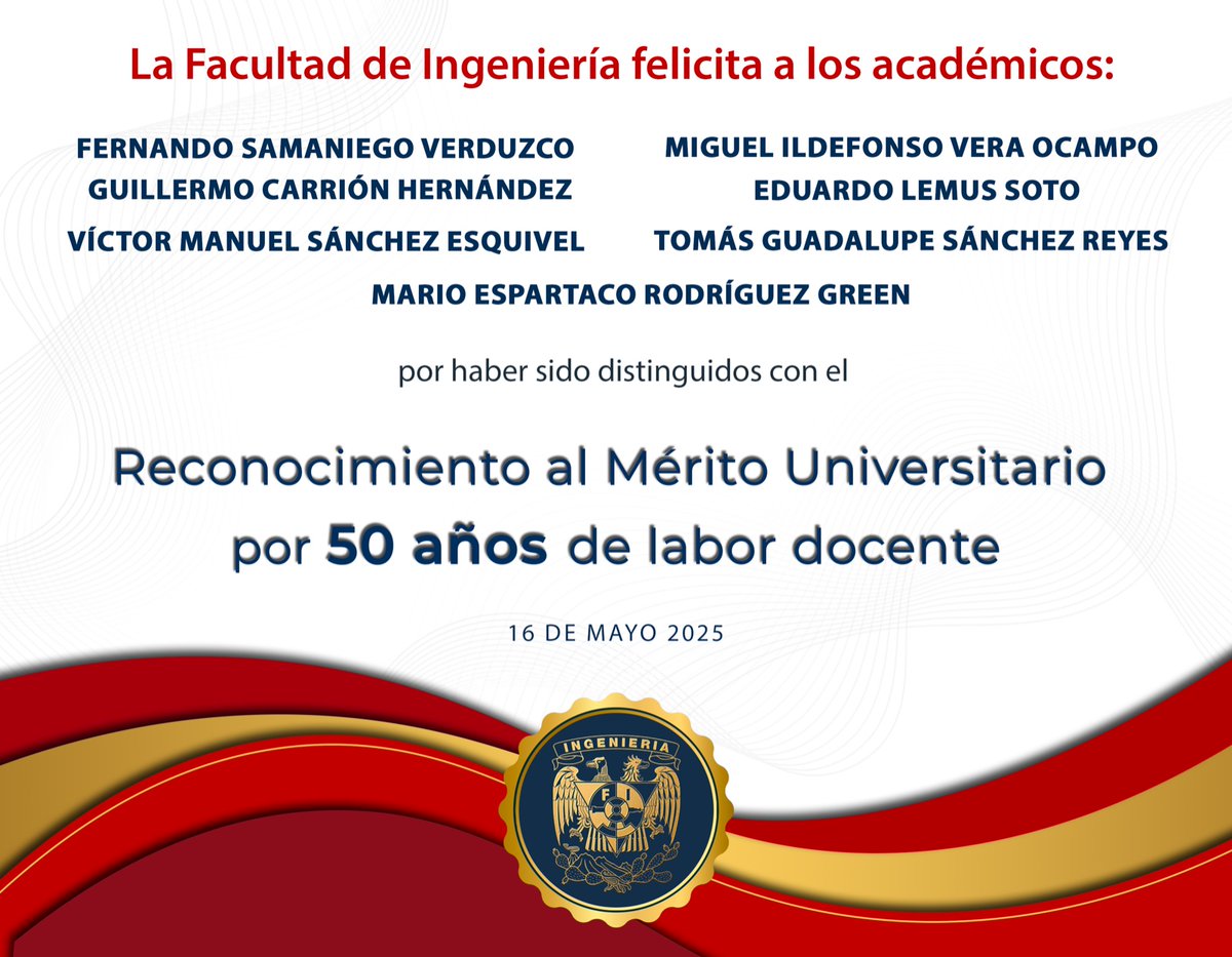Ingeniería UNAM (@fiunam_mx) on Twitter photo La Facultad de Ingeniería felicita y reconoce a sus académicos por 50 años de entrega a su vocación docente, al haber sido distinguidos con el Reconocimiento al Mérito Universitario.
#MedallaAlMéritoDocente
<a href="/DICT_FIUNAM/">División de Ingeniería en Ciencias de la Tierra</a> <a href="/dicyg/">DICyG - FI</a> <a href="/DIMEIFIUNAM/">DIMEIFIUNAM</a> <a href="/die_fi_unam/">División de Ingeniería Eléctrica</a> <a href="/uatUnam/">Unidad de Alta Tecnología</a> <a href="/SocialesyHum_FI/">DCSyH FI UNAM</a> La Facultad de Ingeniería felicita y reconoce a sus académicos por 50 años de entrega a su vocación docente, al haber sido distinguidos con el Reconocimiento al Mérito Universitario.
#MedallaAlMéritoDocente
<a href="/DICT_FIUNAM/">División de Ingeniería en Ciencias de la Tierra</a> <a href="/dicyg/">DICyG - FI</a> <a href="/DIMEIFIUNAM/">DIMEIFIUNAM</a> <a href="/die_fi_unam/">División de Ingeniería Eléctrica</a> <a href="/uatUnam/">Unidad de Alta Tecnología</a> <a href="/SocialesyHum_FI/">DCSyH FI UNAM</a>