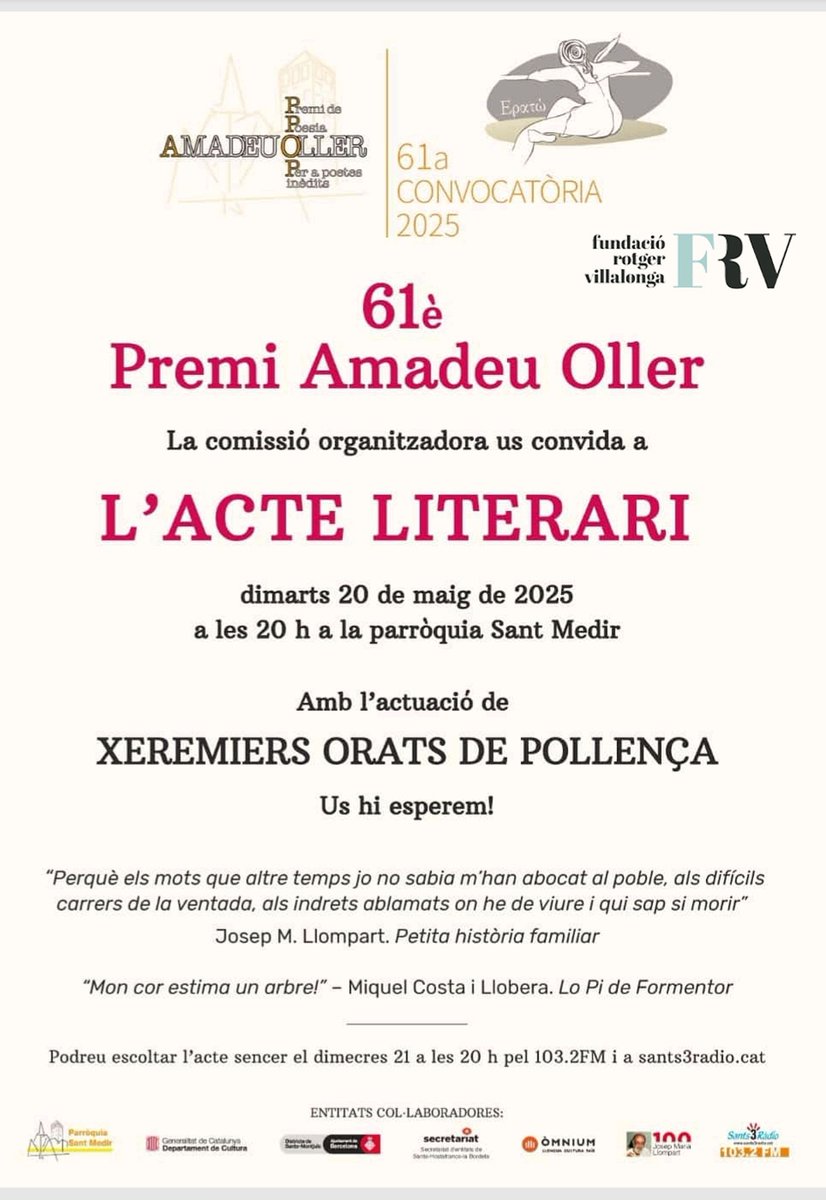 Esteve Plantada (@eplantada) on Twitter photo Aquest dimarts, a les vuit del vespre, viurem l'acte de lliurament de la 61a edició (!) del Premi <a href="/Amadeuoller/">Premi Amadeu Oller</a>
Com sempre, a la Parròquia de Sant Medir. I aquest 2025, amb la presència poètica de l'#AnyLlompart Aquest dimarts, a les vuit del vespre, viurem l'acte de lliurament de la 61a edició (!) del Premi <a href="/Amadeuoller/">Premi Amadeu Oller</a>
Com sempre, a la Parròquia de Sant Medir. I aquest 2025, amb la presència poètica de l'#AnyLlompart