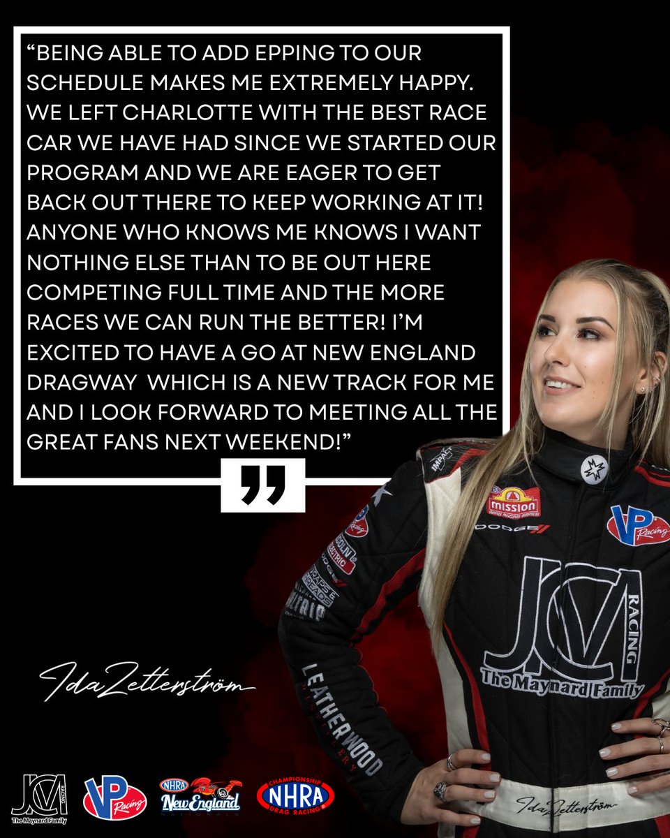 JCM Racing (@jcmnitro) on Twitter photo 🚨BREAKING NEWS🚨
<a href="/ida_zetterstrom/">Ida Zetterström</a> is heading to EPPING!
You heard that right, Ida is officially adding the New England Nationals to her 2025 <a href="/NHRA/">NHRA</a> schedule. This will be Ida’s first time competing at <a href="/ne_dragway/">New England Dragway</a>, and you already know she’s ready to make some NOISE!
📍Epping, 🚨BREAKING NEWS🚨
<a href="/ida_zetterstrom/">Ida Zetterström</a> is heading to EPPING!
You heard that right, Ida is officially adding the New England Nationals to her 2025 <a href="/NHRA/">NHRA</a> schedule. This will be Ida’s first time competing at <a href="/ne_dragway/">New England Dragway</a>, and you already know she’s ready to make some NOISE!
📍Epping,