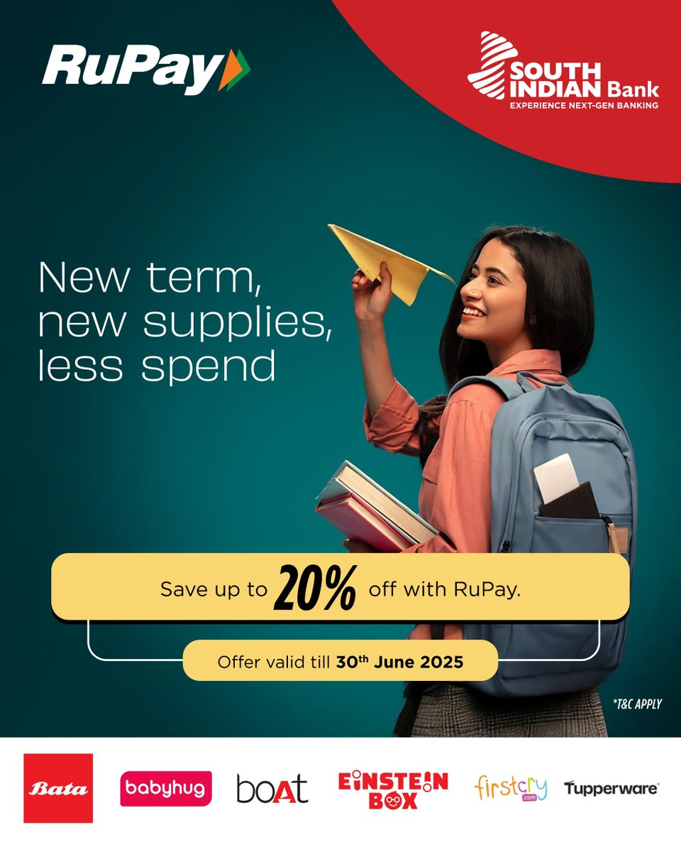 OfficialSIBLtd's tweet image. New Term, Big Savings! 🎒✨
Gear up the school year with up to 20% off on top brands, using your SIB RuPay card—offer ends 30 June 2025.

Click to know more: mysib.in/DebitCardOffers

#DebitCardOffers #RuPayOffers #SIBDeals #SouthIndianBank #InvestingInRelationships