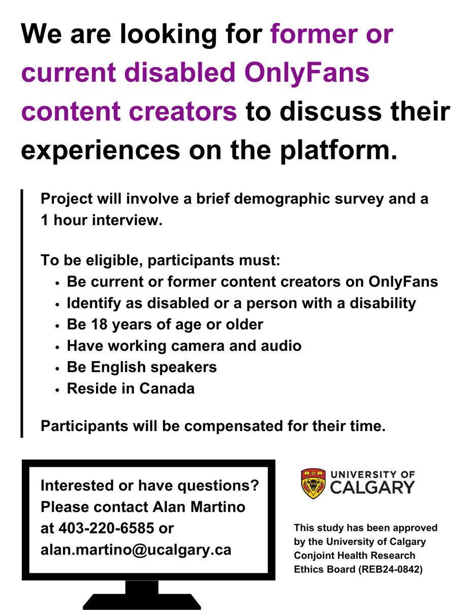We're currently working on an ethics approved project discussing the experiences of disabled content creators on OnlyFans. If you're interested, please feel free to check out our recruitment poster for the eligibility criteria and additional details!