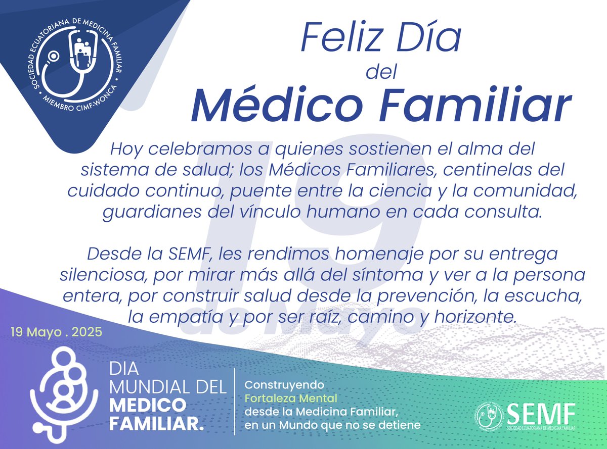 👨‍⚕️❤️ Hoy celebramos a quienes cuidan de ti y de los tuyos, toda la vida.
Feliz Día del Médico Familiar 👩‍⚕️🏡
Gracias por su entrega, sabiduría y humanidad.
#MedicinaFamiliar #SEMF #DíaDelMédicoFamiliar #TuMédicoDeTodaLaVida
