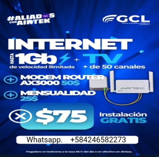 Atención todo el estado Zulia y la ciudad de Coro en el estado Falcón les traigo el servicio de internet más rápido y económico de Venezuela 1Gbps o 1024Mbps solo contactame y te explico mejor está ganga...
Ing Wilfredo Rodríguez asesor comercial de Airtek