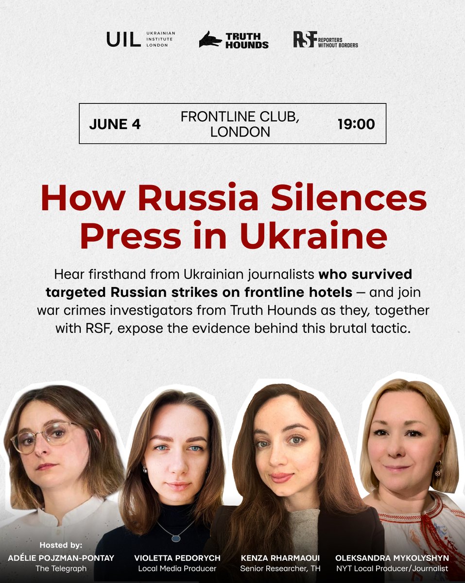 🚨Big announcement🚨 <a href="/truth_hounds/">Truth Hounds</a> are coming to London with <a href="/RSF_inter/">RSF</a>:

Join our event with Ukrainian journalists who survived Russia's attacks on frontline hotels at the <a href="/frontlineclub/">Frontline Club</a>. Hosted by <a href="/Telegraph/">The Telegraph</a>'s <a href="/adeliepjz/">Adélie Pojzman-Pontay</a>.   

Free but register here: eventbrite.com/e/how-russia-s…