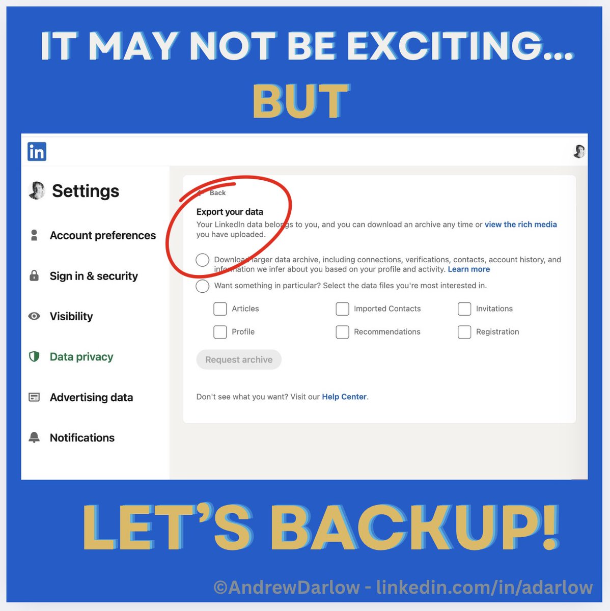 If you have a LinkedIn account, I HIGHLY RECOMMEND running a Backup on a regular basis (1-2x/month). I think you'll be happy you did if you wake up one day &amp; your account is gone.

Would you like an article to help? Just comment "backup" &amp; I'll send it your way! ☁️ 📀

#backup