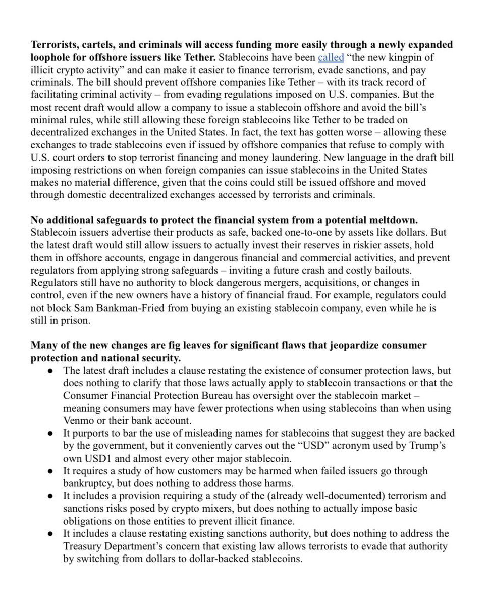 🚨NEW: Senate Banking Committee Democrats just dropped a scathing staff analysis of the latest GENIUS Act draft ahead of this evening’s cloture vote.

Staffers describe the latest GENIUS Act draft as a blueprint for ‘Trump crypto corruption’ and Big Tech dominance over digital