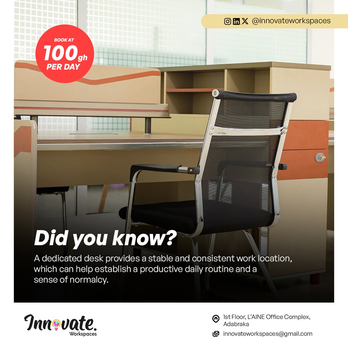 InnovateSpaces's tweet photo. Get focused! 🚀 Dedicated desks at @Innovatewrkspcs help you build a productive routine.

Book yours for just 100 GHS per day!
Give us a call 025 608 0443

📍 L'AINE Office Complex, Adabraka https://t.co/0A77q0Izg0