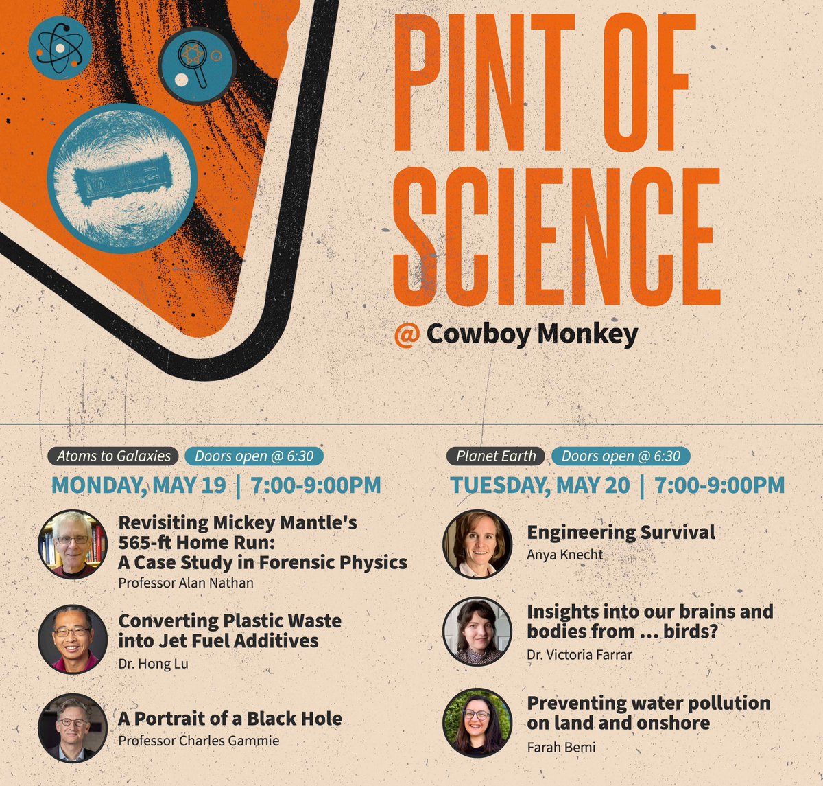 CABBI (@cabbibio) on Twitter photo The global Pint of Science Festival comes to C-U tonight and tomorrow! 🧑‍🔬🍺
<a href="/UofIllinois/">University of Illinois</a> researchers will bring their science to life in casual, engaging talks at Cowboy Monkey and Gallery Art Bar May 19-20.
All are welcome! Admission $2.
Reserve a spot➡️ pintofscience.us/events/urbana-… The global Pint of Science Festival comes to C-U tonight and tomorrow! 🧑‍🔬🍺
<a href="/UofIllinois/">University of Illinois</a> researchers will bring their science to life in casual, engaging talks at Cowboy Monkey and Gallery Art Bar May 19-20.
All are welcome! Admission $2.
Reserve a spot➡️ pintofscience.us/events/urbana-…