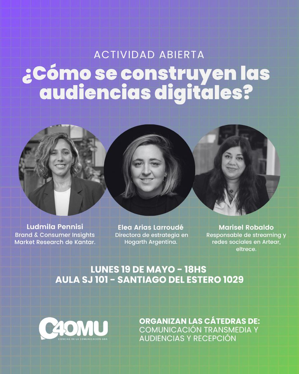 Julito Alonso (@julitoalonso) on Twitter photo 💚 Hoy hoy hoy vienen a #audienciasUBA y <a href="/transmediaUBA/">Taller de Comunicación Transmedia</a> las grandes <a href="/EleaLarroude/">EleaLarroude</a> <a href="/mariselrobaldo/">Marisel Robaldo</a> y Ludmila Pennisi!
👏 Nos espera un gran panel sobre audiencias digitales, una actividad en el marco de los 40 años de nuestra querida carrera <a href="/comuUBA/">Comu Sociales UBA</a> #Fsoc 💚 Hoy hoy hoy vienen a #audienciasUBA y <a href="/transmediaUBA/">Taller de Comunicación Transmedia</a> las grandes <a href="/EleaLarroude/">EleaLarroude</a> <a href="/mariselrobaldo/">Marisel Robaldo</a> y Ludmila Pennisi!
👏 Nos espera un gran panel sobre audiencias digitales, una actividad en el marco de los 40 años de nuestra querida carrera <a href="/comuUBA/">Comu Sociales UBA</a> #Fsoc