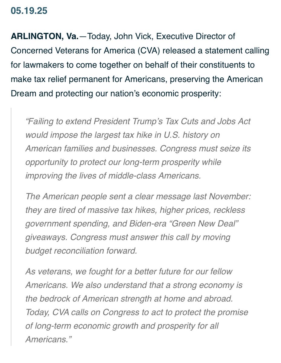 .<a href="/ConcernedVets/">Concerned Veterans for America</a> urges Congress to pass <a href="/POTUS/">President Donald J. Trump</a>’ One Big Beautiful Bill:

“Failing to extend President Trump’s Tax Cuts and Jobs Act would impose the largest tax hike in U.S. history.”