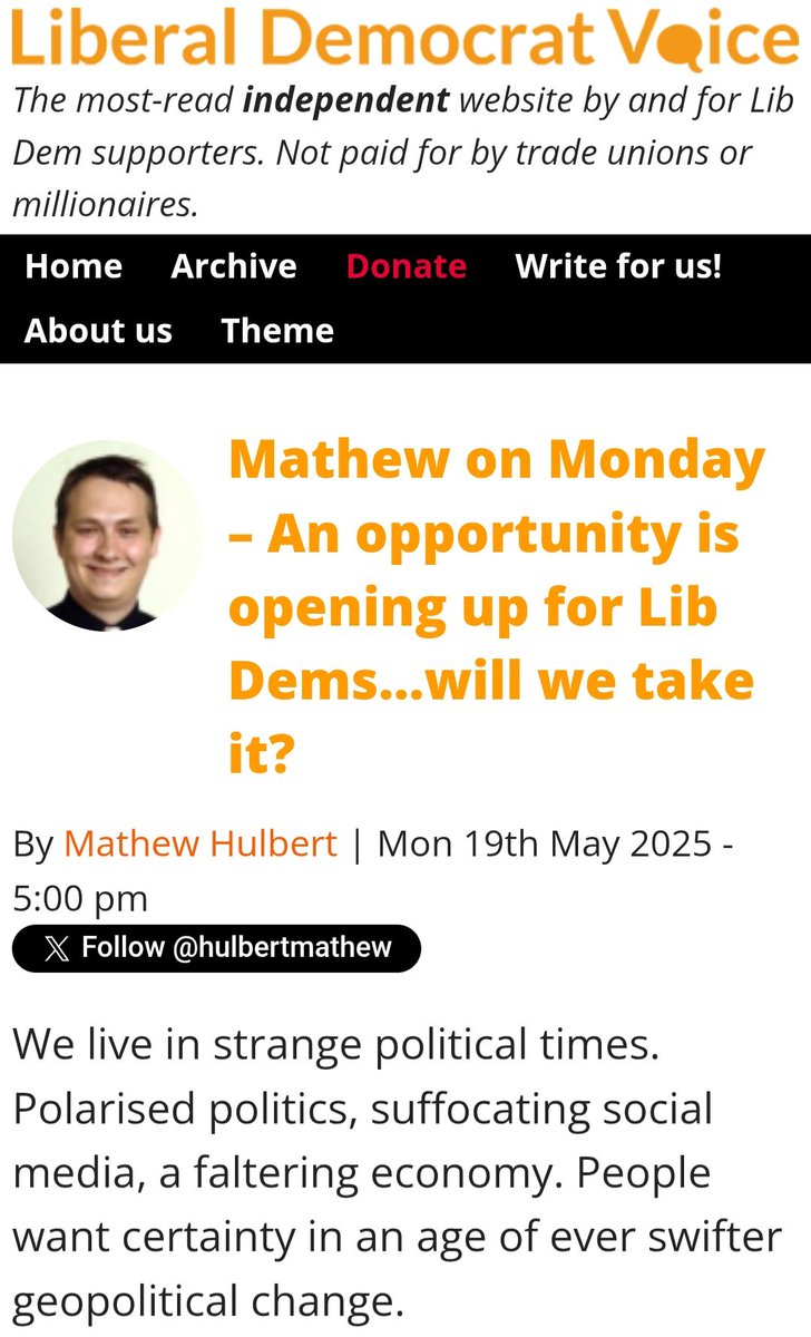 Mathew Hulbert πΆοΈ π³οΈβπ πͺπΊ βοΈ (@mathewhulbert) on Twitter photo π¨ NEW!
My debut 'Mathew on Monday' column is now live on <a href="/libdemvoice/">libdemvoice</a>!
In it, I:
* Call on the <a href="/LibDems/">Liberal Democrats</a> to be braver and bolder in communicating our values.
* Praise <a href="/CarlCashman/">Carl Cashman</a> and <a href="/VMMChamberlain/">Cllr Victor ChamberlaIN (he/him)</a> for their leadership.
* And more!
#LibDems
libdemvoice.org/mathew-on-mondβ¦ π¨ NEW!
My debut 'Mathew on Monday' column is now live on <a href="/libdemvoice/">libdemvoice</a>!
In it, I:
* Call on the <a href="/LibDems/">Liberal Democrats</a> to be braver and bolder in communicating our values.
* Praise <a href="/CarlCashman/">Carl Cashman</a> and <a href="/VMMChamberlain/">Cllr Victor ChamberlaIN (he/him)</a> for their leadership.
* And more!
#LibDems
libdemvoice.org/mathew-on-mondβ¦