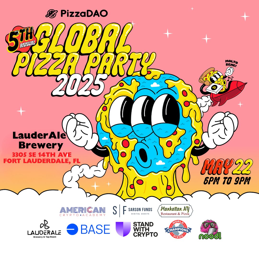 CryptoMondaysFTL (@cryptomondaysfl) on Twitter photo Join CryptoMondays Fort Lauderdale for <a href="/Pizza_DAO/">PizzaDAO.eth šš“āā ļø</a>'s 5th Annual Global Pizza Party celebrating Bitcoin Pizza Day!
š
When: Thursday, May 22, 2025
š Where: Fort Lauderdale (details via RSVP)
š Why: Commemorate the day 10,000 BTC bought two pizzasānow worth millions! Join CryptoMondays Fort Lauderdale for <a href="/Pizza_DAO/">PizzaDAO.eth šš“āā ļø</a>'s 5th Annual Global Pizza Party celebrating Bitcoin Pizza Day!
š
When: Thursday, May 22, 2025
š Where: Fort Lauderdale (details via RSVP)
š Why: Commemorate the day 10,000 BTC bought two pizzasānow worth millions!