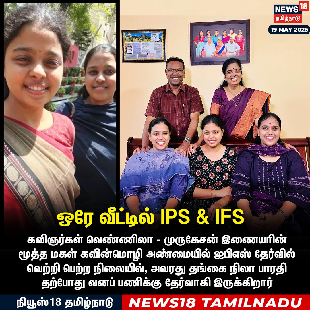 News18TamilNadu's tweet photo. ஒரே வீட்டில் IPS & IFS
கவிஞர்கள் வெண்ணிலா - முருகேசன் இணையரின்
மூத்த மகள் கவின்மொழி அண்மையில் ஐபிஎஸ் தேர்வில் வெற்றி பெற்ற நிலையில், அவரது தங்கை நிலா பாரதி தற்போது வனப் பணிக்கு தேர்வாகி இருக்கிறார்
#Vennnila #Murugesan #Nilabharathi #kavinmozhi #News18Tamilnadu | https://t.co/1SaYcEmmws