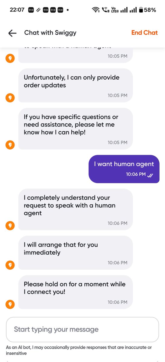 mannsharma23's tweet photo. @Swiggy @SwiggyCares I'm still waiting for my order from last 2 hours...but no update. Can't even reach customer care...all I get a is a boy which says I'm understand your concern https://t.co/560wBtlFX0
