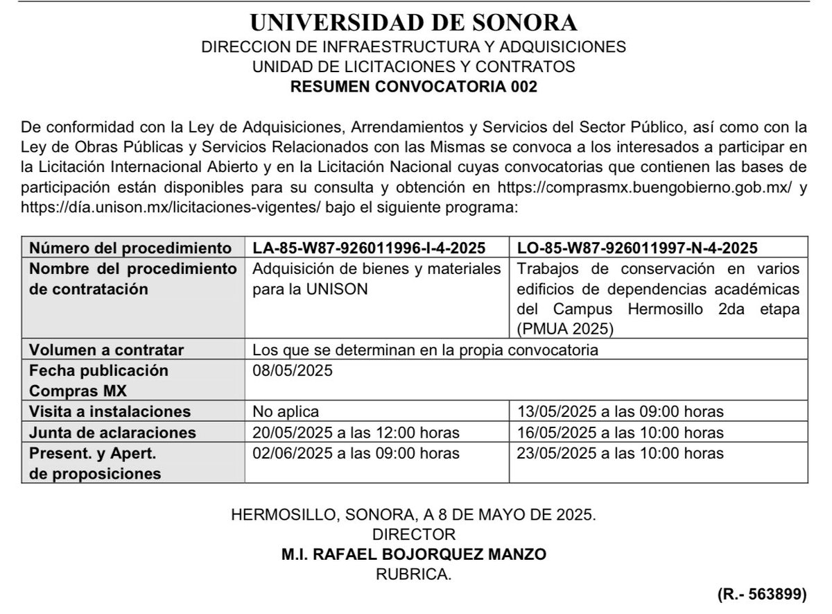 <a href="/SoyUnison/">Soy Unison</a> convoca a licitación pública para obras de mantenimiento de edificios, así como la adquisición de bienes y materiales para la Unison. Información en: dia.unison.mx/licitaciones-v… #Licitaciónpública
<a href="/cmicsonora/">CMIC Sonora</a>
<a href="/FCAES2/">FCAES</a>
<a href="/cachermosillo/">CACH</a>
<a href="/CICSON/">CICSonora</a>
