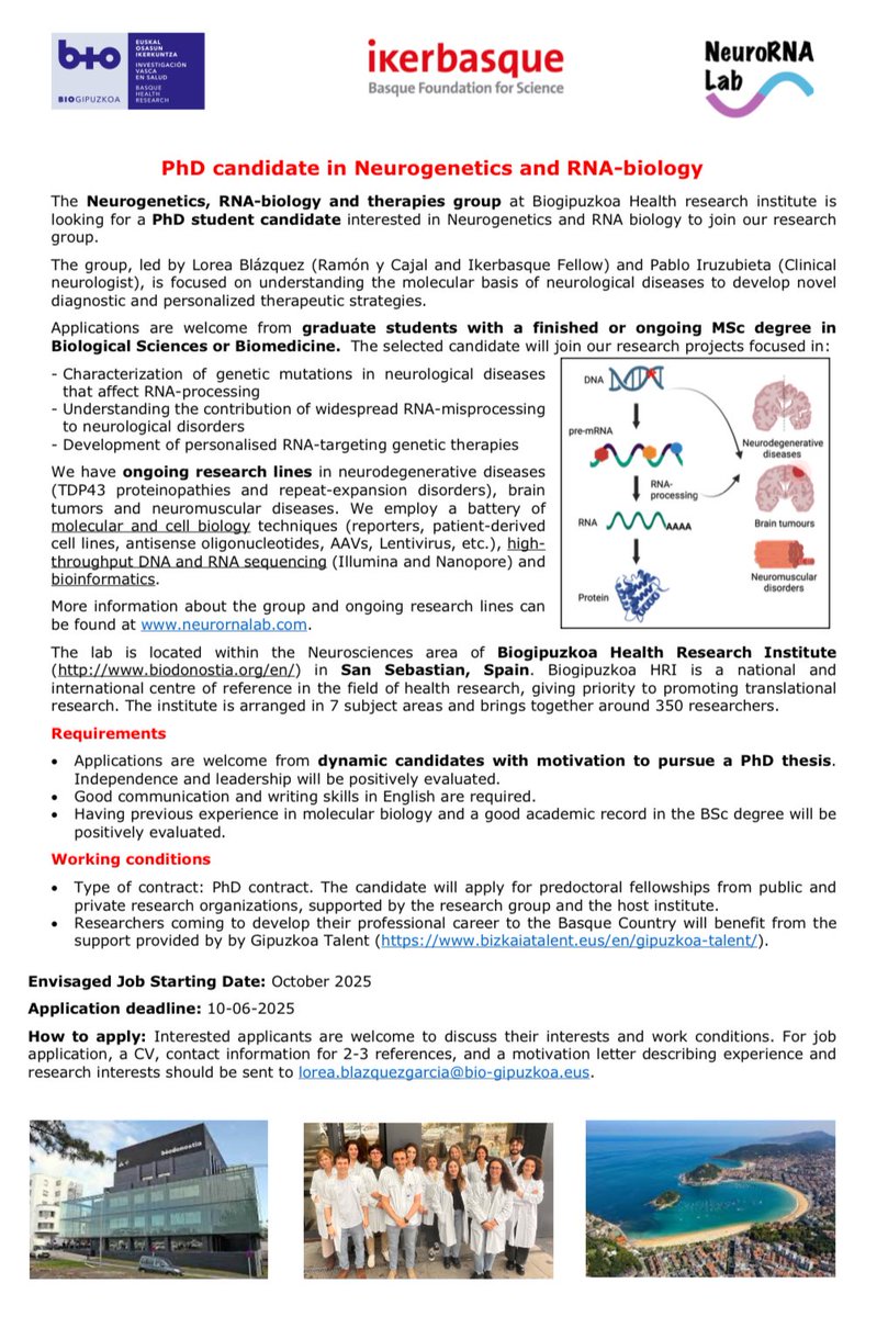 Lorea Blazquez (@blazquezlorea) on Twitter photo We are looking for candidates interested in pursuing a PhD in our group #NeuroRNA <a href="/biogipuzkoa/">Biogipuzkoa</a>. Several research lines available. If interested check 👇and contact us We are looking for candidates interested in pursuing a PhD in our group #NeuroRNA <a href="/biogipuzkoa/">Biogipuzkoa</a>. Several research lines available. If interested check 👇and contact us