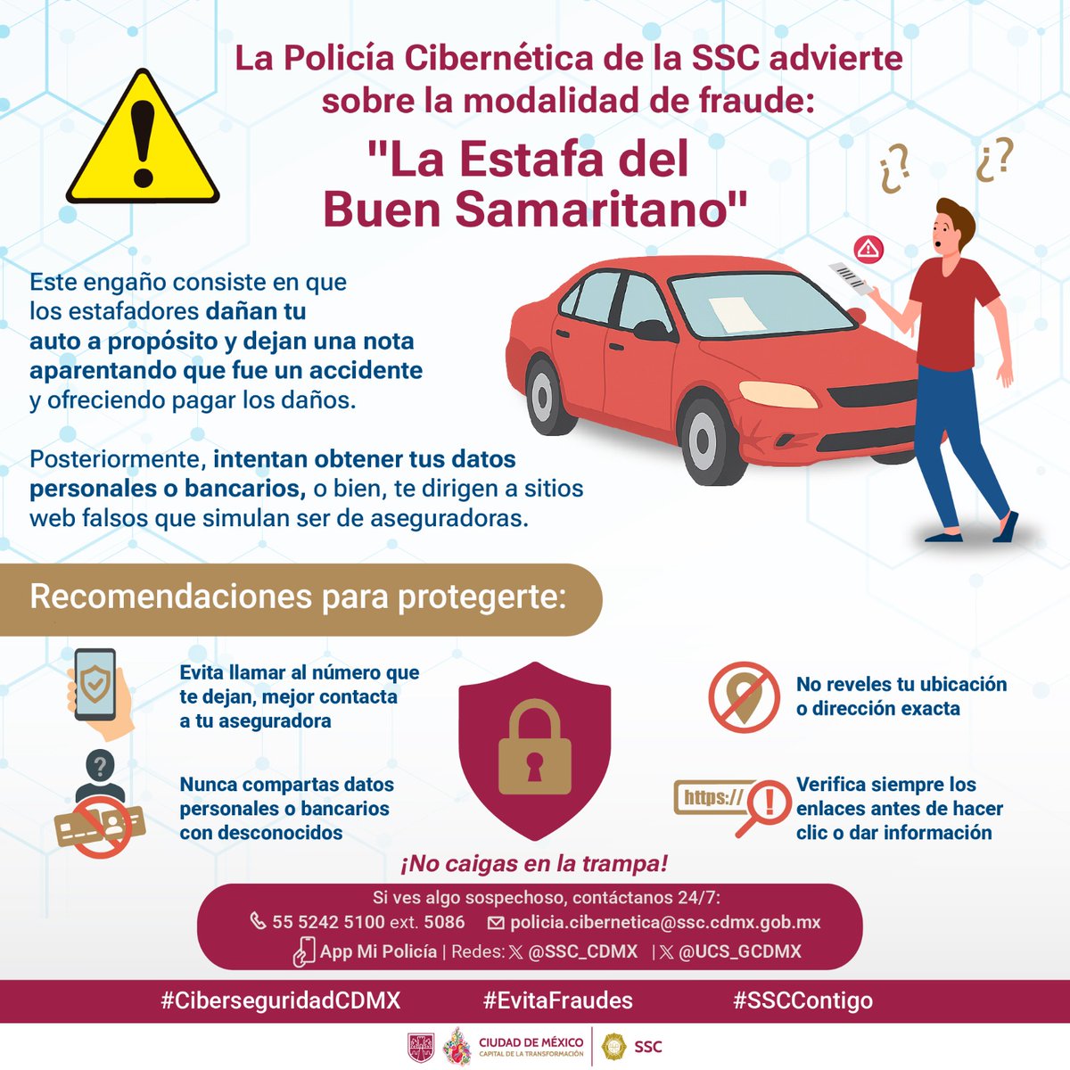 #AlertaCibernética | Efectivos de la Unidad de la #PolicíaCibernética, de la #SSC alertan a la ciudadanía de una modalidad de fraude conocida como “La estafa del buen samaritano”, que se ha identificado en otros países y, al parecer, podría replicarse en la #CiudadDeMéxico.