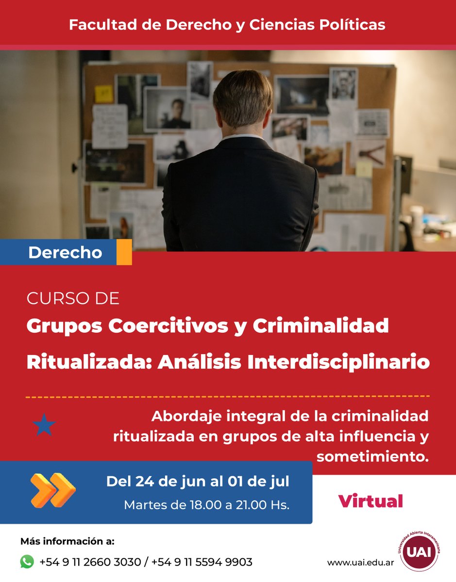 🎓 Nuevo Curso | Grupos Coercitivos y Criminalidad Ritualizada
🔍 Análisis Interdisciplinario de Crímenes de Culto y Sectas Criminales
📢 ¡Inscripciones abiertas!

uai.edu.ar/cursos-y-event…