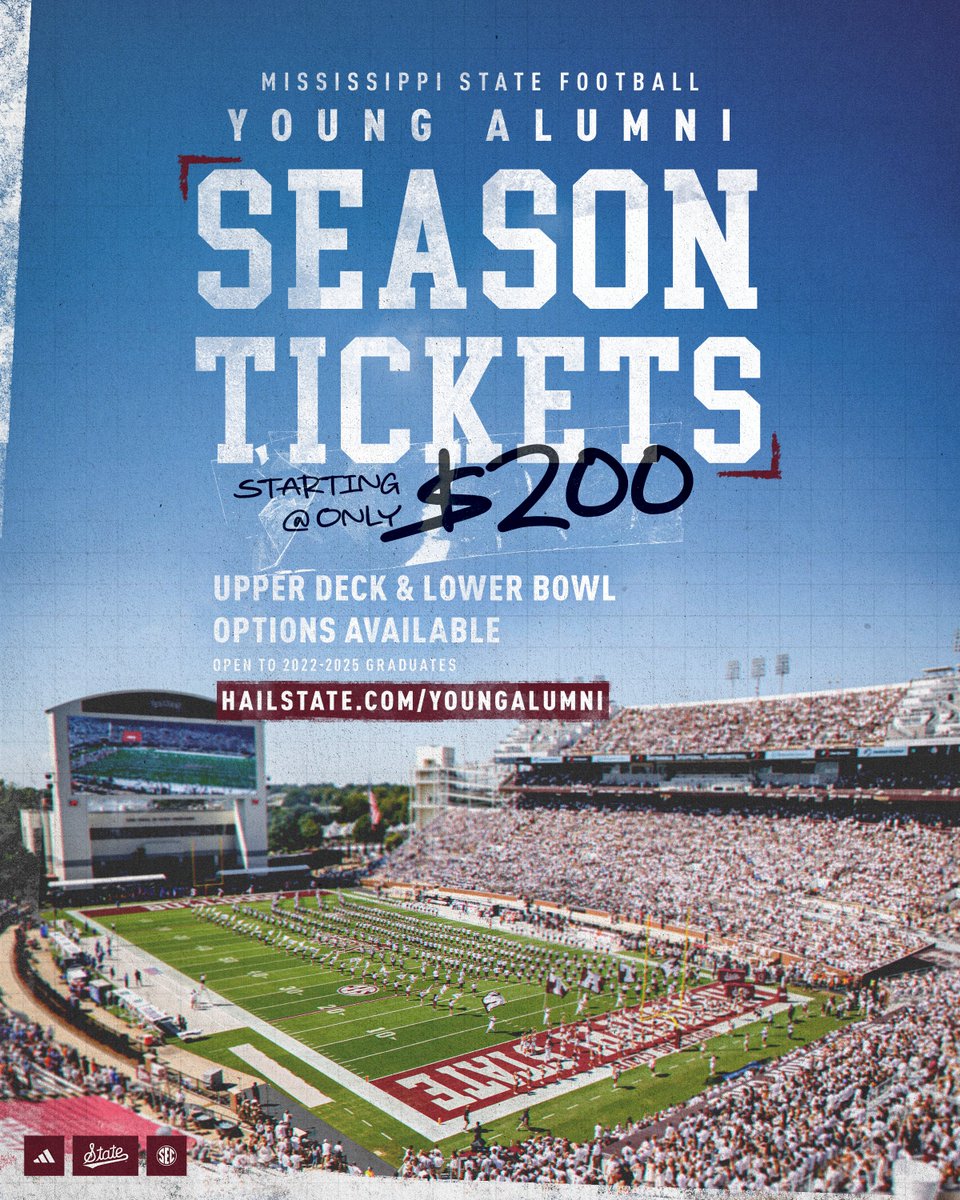 Mississippi State Athletics (@hailstate) on Twitter photo 🗣️ Calling all young alumni
Secure discounted season tickets the upcoming football season! The offer is valid for all 2022-2025 graduates.
» hailstate.com/youngalumni
#HailState🐶 x <a href="/HailStateFB/">Mississippi State Football</a> 🗣️ Calling all young alumni
Secure discounted season tickets the upcoming football season! The offer is valid for all 2022-2025 graduates.
» hailstate.com/youngalumni
#HailState🐶 x <a href="/HailStateFB/">Mississippi State Football</a>