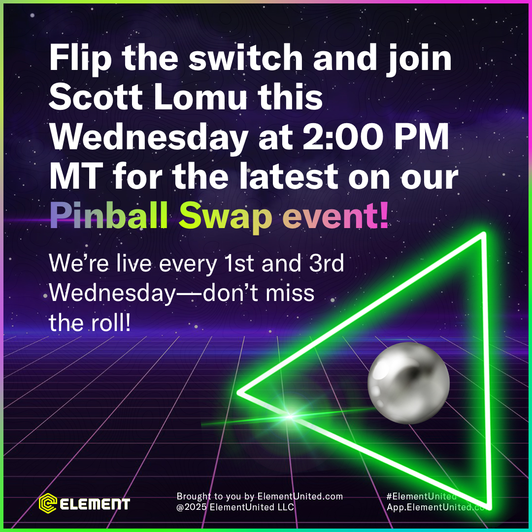 GoElementUnited's tweet photo. Flip the switch and join @ScottLomu this Wednesday at 2:00 PM MT for the latest on our Pinball Swap event! We’re live every 1st & 3rd Wednesday—don’t miss the roll!
#ElementUnited #PinballSwap #CryptoCommunity #Web3Events #ELMTtoken #PinballWizard #BlockchainNews https://t.co/UNZoUYzZf9