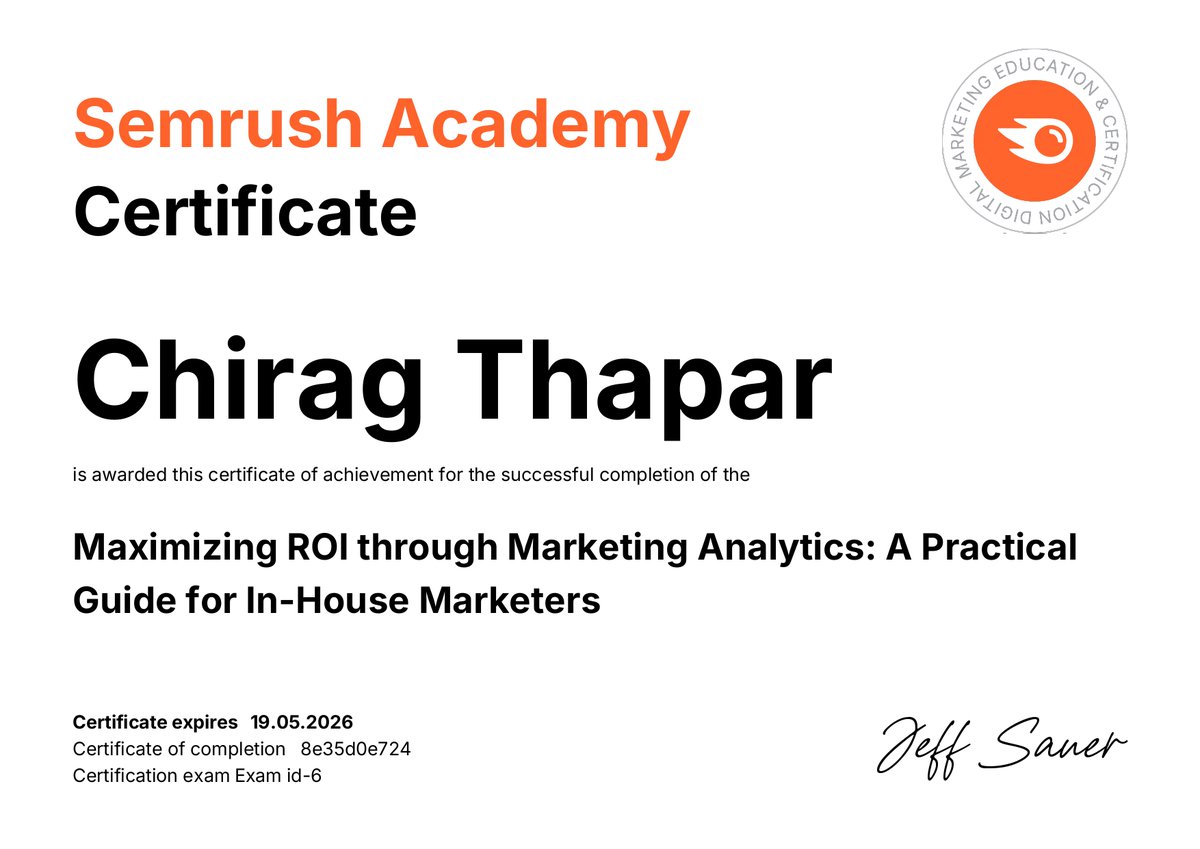 🎉Excited to share that I’ve successfully completed my certification with <a href="/Semrush/">Semrush</a> Academy! This journey has been incredibly insightful, enhancing my marketing analytical skills. 

Many thanks to <a href="/jeffalytics/">Jeff Sauer - MeasureU.com</a> 

#SemrushCertified #SemrushAcademy #DigitalMarketing #Analytics