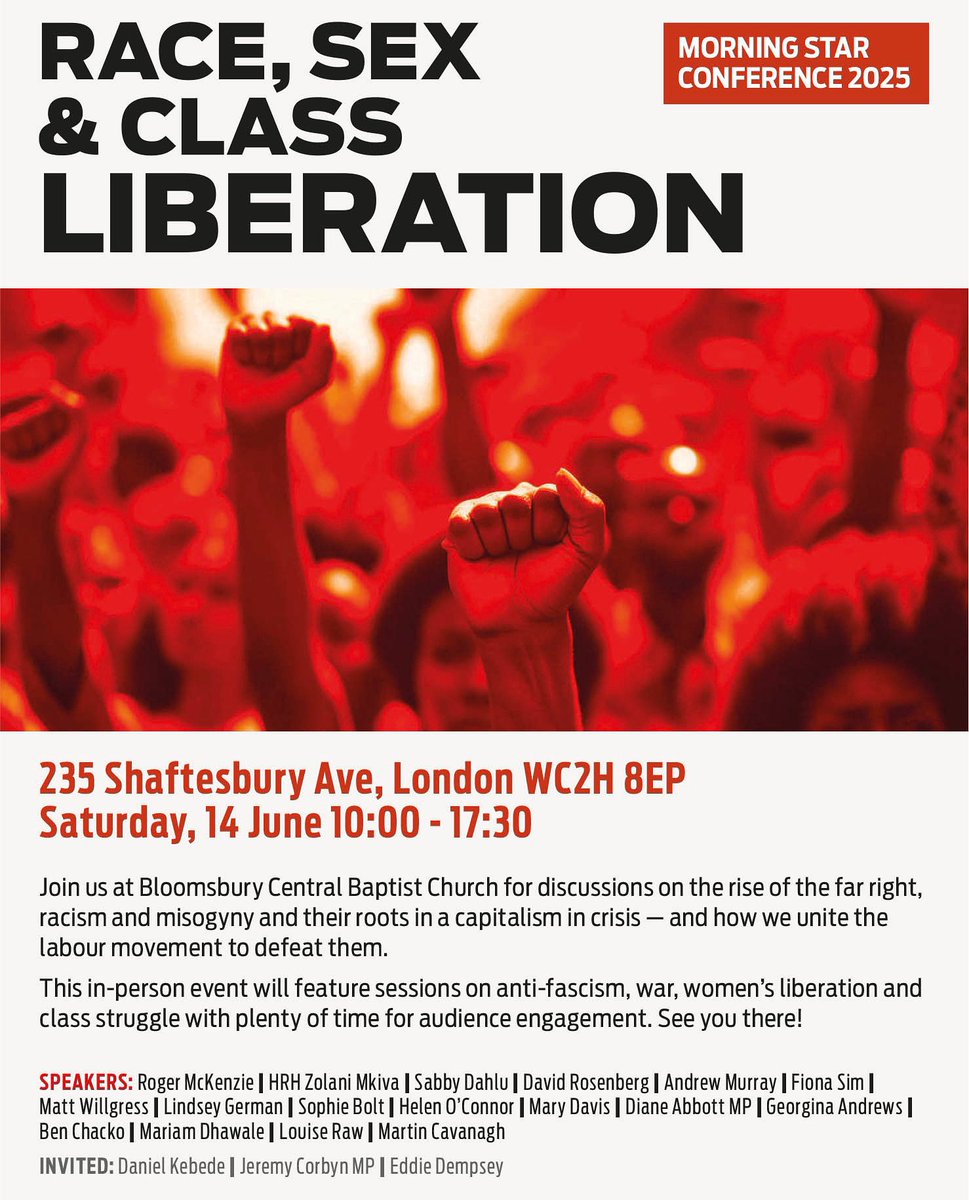 Communist Party ☭ (@cpbritain) on Twitter photo Race, Sex & Class Liberation!
Morning Star <a href="/M_Star_Online/">Morning Star</a> Conference, Saturday 14 June, central London
Tickets £5 from tinyurl.com/RaceSexClass Race, Sex & Class Liberation!
Morning Star <a href="/M_Star_Online/">Morning Star</a> Conference, Saturday 14 June, central London
Tickets £5 from tinyurl.com/RaceSexClass