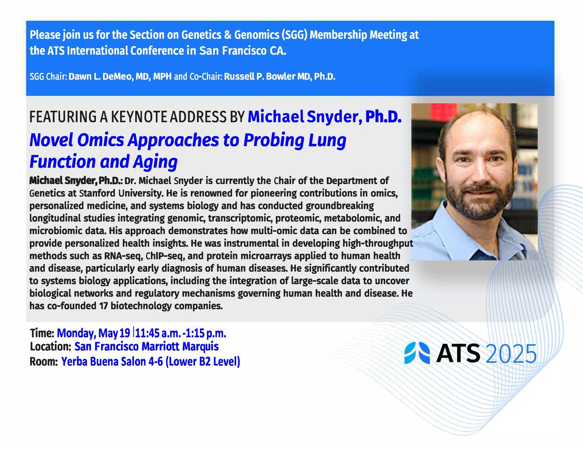 ATS G&G Section (@ats_gg) on Twitter photo Our <a href="/ATS_GG/">ATS G&G Section</a> section meeting is today at 11:45am in the Marriott Yerba Buena Salon 4-6! Featuring Michael Snyder on Novel omics approaches to probing lung function and aging! #ATS2025 <a href="/ATS_Assemblies/">ATS_Assemblies</a> <a href="/atscommunity/">American Thoracic Society (ATS)</a> <a href="/KaminskiMed/">Naftali Kaminski</a> <a href="/Asthma3Ways/">Ann Wu MD MPH</a> <a href="/EFornoMD/">Erick Forno, MD MPH</a> <a href="/MattMollpulmccm/">Matthew Moll, MD, MPH</a> Our <a href="/ATS_GG/">ATS G&G Section</a> section meeting is today at 11:45am in the Marriott Yerba Buena Salon 4-6! Featuring Michael Snyder on Novel omics approaches to probing lung function and aging! #ATS2025 <a href="/ATS_Assemblies/">ATS_Assemblies</a> <a href="/atscommunity/">American Thoracic Society (ATS)</a> <a href="/KaminskiMed/">Naftali Kaminski</a> <a href="/Asthma3Ways/">Ann Wu MD MPH</a> <a href="/EFornoMD/">Erick Forno, MD MPH</a> <a href="/MattMollpulmccm/">Matthew Moll, MD, MPH</a>