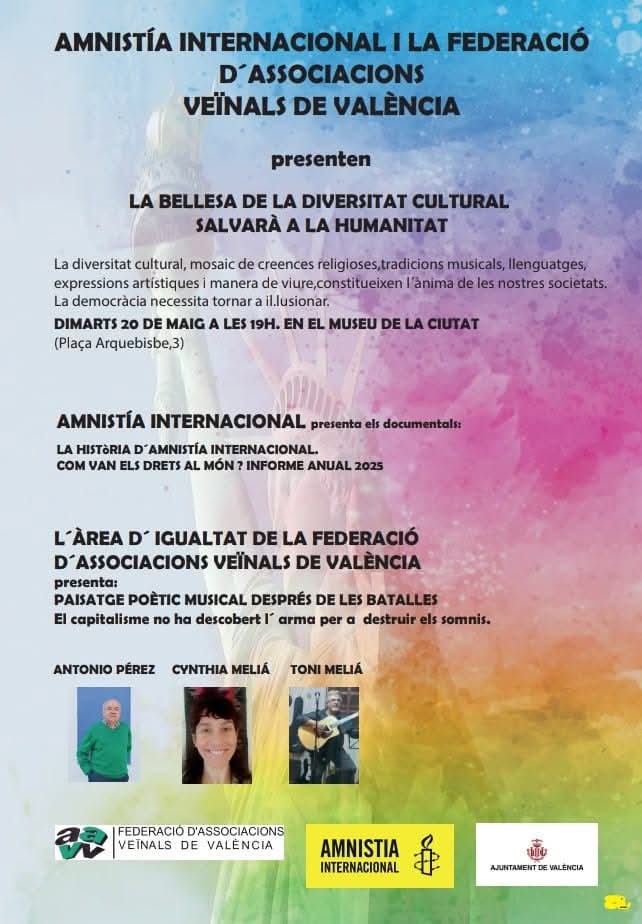 Aquest dimarts 20 de maig acte i documental sobre la diversitat cultural, a les 19:00h en el Museu de la Ciutat (Plaça Arquebisbe, 3, València), en un acte conjunt amb Amnistia Internacional València