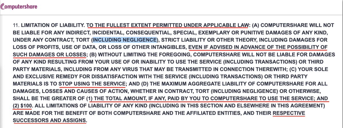 🚨 <a href="/Computershare/">Computershare</a> updated their terms and conditions again.  This particular section called "Limitation of Liability" is eye opening.  I don't think I've seen a disclosure like this before??? 👀