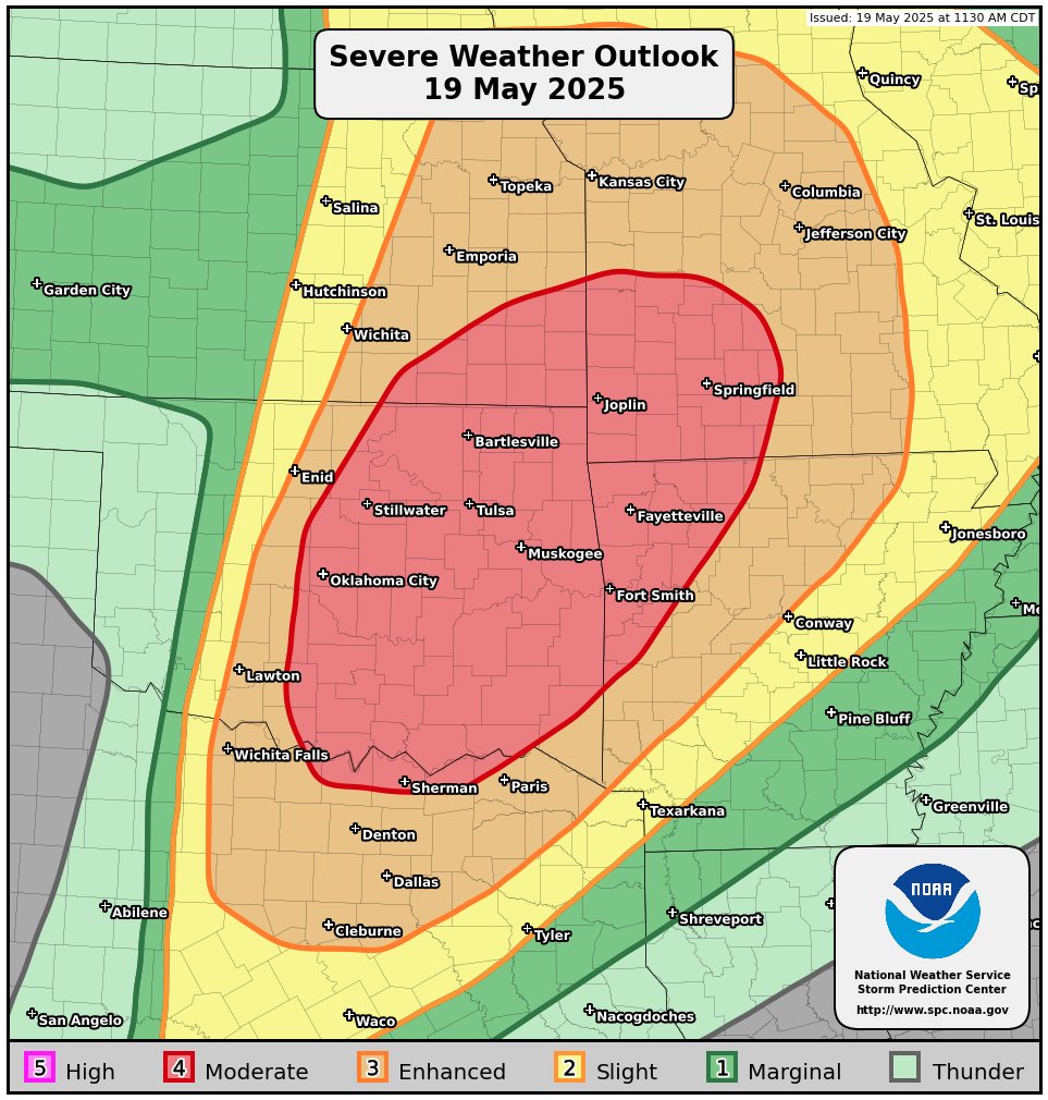 NWSSPC's tweet image. 11:48am CDT #SPC Public Severe Weather Outlook #PWO concerning #arwx #kswx #mowx #newx #okwx #txwx spc.noaa.gov/products/outlo…