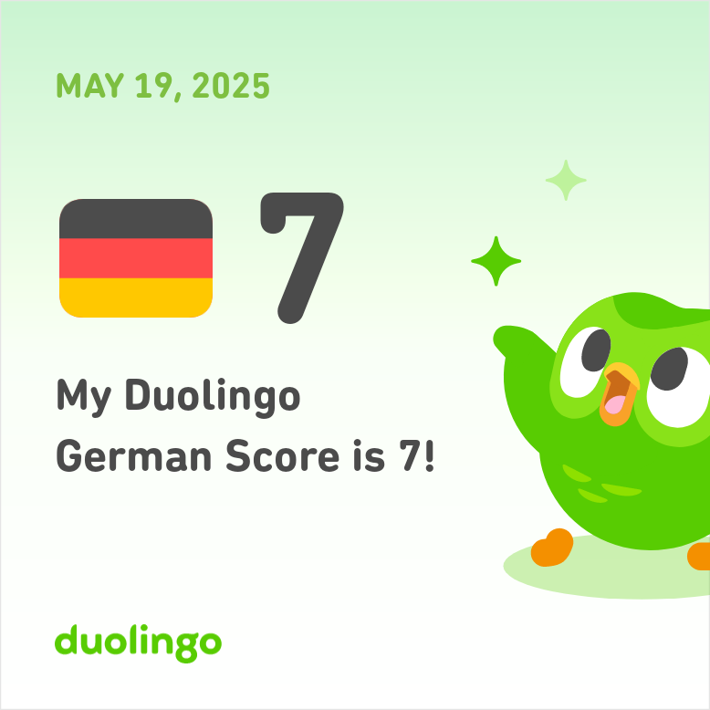 Zermarden's tweet photo. My Duolingo German Score is 7! https://t.co/Ajzkertp2g