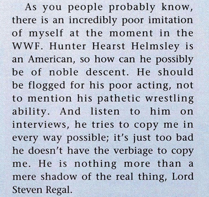 The Lord Steven Regal column of WCW Magazine was interesting in March 1996.🐍