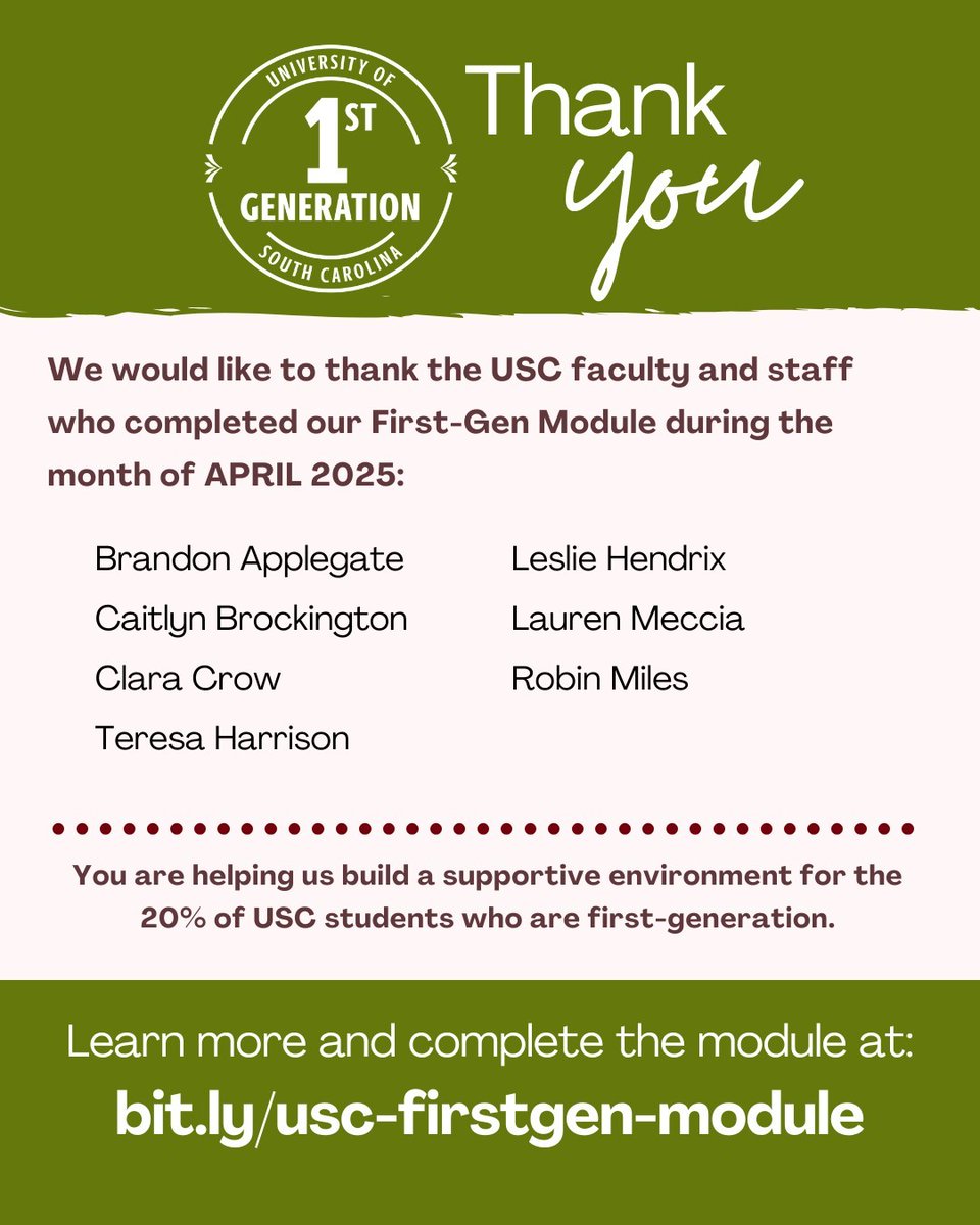 USCFIRST_GEN's tweet image. Have you completed the first-gen module? You can learn how to best support first-gen students @UofSC by watching the module from anywhere online!
💻Join your fellow Gamecocks who have already completed the module at:
bit.ly/usc-firstgen-m…
#FirstGenGamecocks #UofSC
