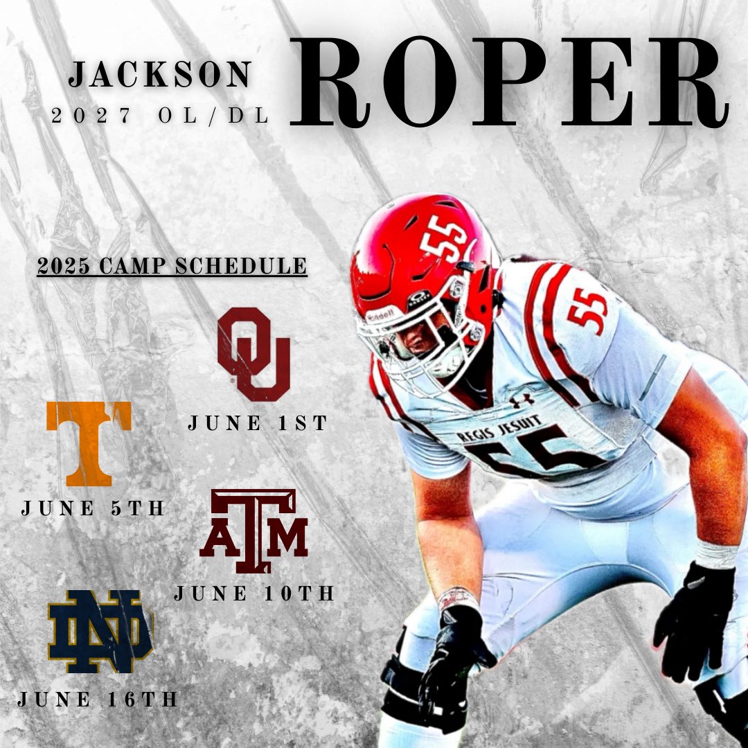 Jackson Roper (@jacksonroper_co) on Twitter photo Looking forward to some great competition this camp season!
<a href="/CoachFilleman/">Danny Filleman</a> <a href="/SixZeroAcademy/">Coach Matt McChesney</a>
June 1st - Oklahoma
<a href="/OU_CoachB/">Bill Bedenbaugh</a> <a href="/_ClaytonWoods/">Clayton Woods</a> <a href="/OU_Football/">Oklahoma Football</a>
June 6th - Tennessee
<a href="/Gelarbee/">Glen Elarbee</a> <a href="/Vol_Football/">Tennessee Football</a>
June 10th - Texas A&M
<a href="/CoachCushing/">Adam Cushing</a> <a href="/agaudet_tamu/">Allen Gaudet IV</a> <a href="/CoachMikeElko/">Coach Mike Elko</a> <a href="/TamuFootball/">Tamu Football</a> Looking forward to some great competition this camp season!
<a href="/CoachFilleman/">Danny Filleman</a> <a href="/SixZeroAcademy/">Coach Matt McChesney</a>
June 1st - Oklahoma
<a href="/OU_CoachB/">Bill Bedenbaugh</a> <a href="/_ClaytonWoods/">Clayton Woods</a> <a href="/OU_Football/">Oklahoma Football</a>
June 6th - Tennessee
<a href="/Gelarbee/">Glen Elarbee</a> <a href="/Vol_Football/">Tennessee Football</a>
June 10th - Texas A&M
<a href="/CoachCushing/">Adam Cushing</a> <a href="/agaudet_tamu/">Allen Gaudet IV</a> <a href="/CoachMikeElko/">Coach Mike Elko</a> <a href="/TamuFootball/">Tamu Football</a>