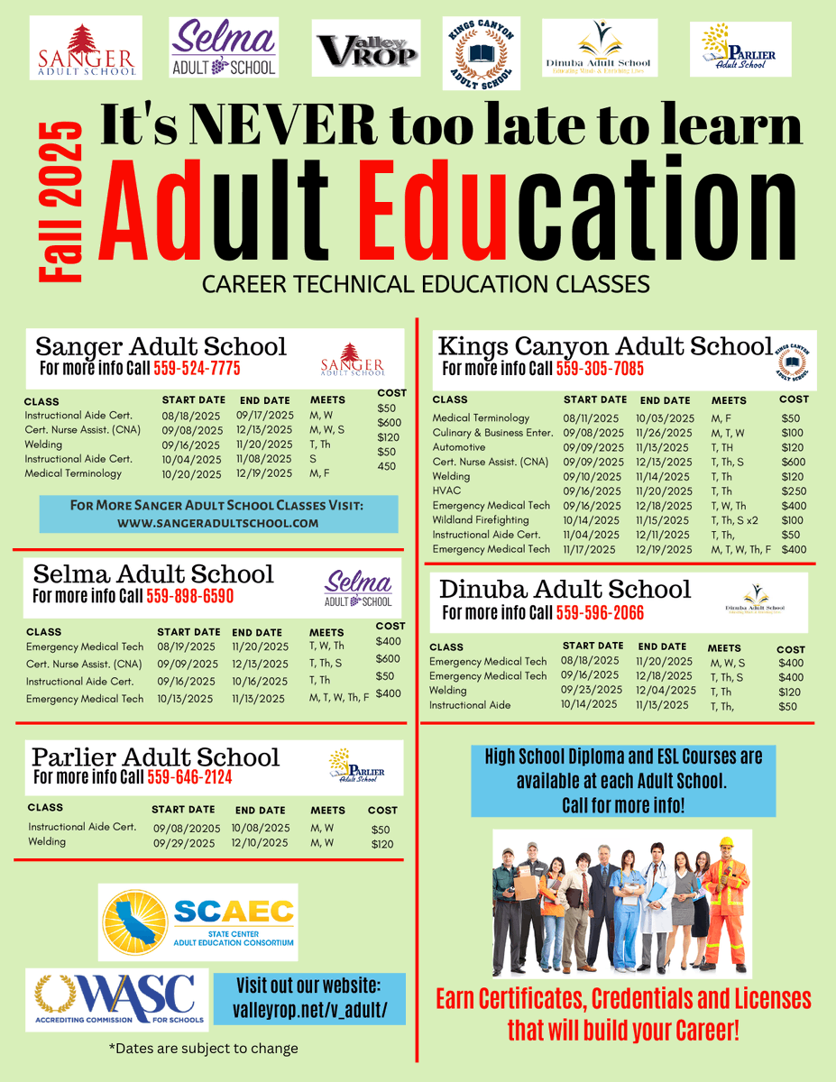 statecenteraec's tweet image. 🚨 Fall 2025 Adult Ed is here! 🚨

Earn certificates &amp;amp; skills in Welding, CNA, HVAC, Med Tech &amp;amp; more.
📍 Sanger, Selma, Kings Canyon, Dinuba, Parlier
🗓️ Starts Aug 2025
📞 Call your local school!
🔗 valleyrop.net/v_adult

#SCAEC #AdultEd #CTE #Fall2025