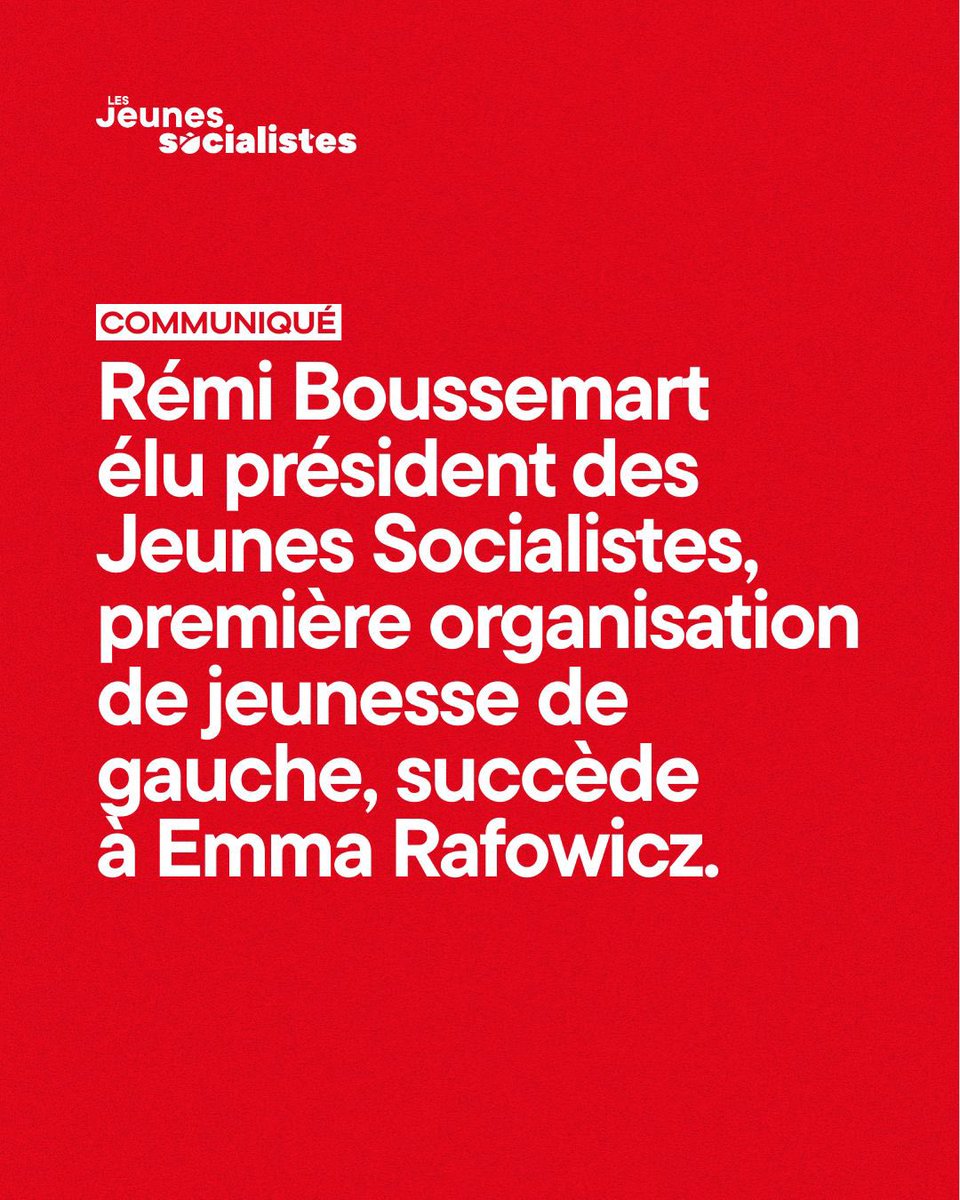 lesJeunesSoc's tweet photo. Communiqué - @RemiBoussemart élu président des Jeunes Socialistes, première organisation de jeunesse de gauche, succède à @EmmaRafowicz.

🔗https://t.co/TuaJObRhH1 https://t.co/QtCJIzRwPU