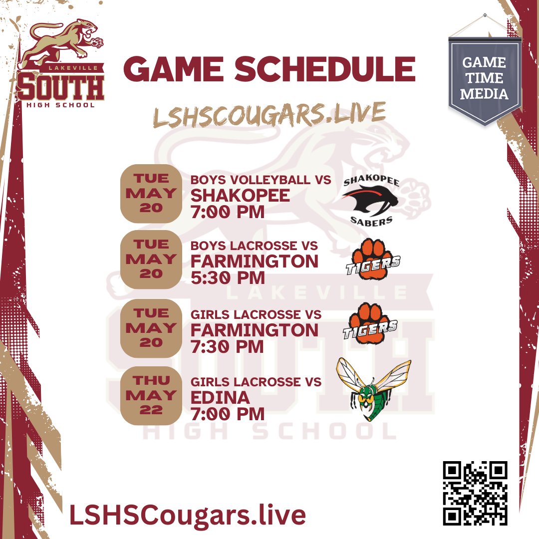 Lakeville South is ready to compete this week! 🥍🏐
📅 May 20-22 | Boys/Girls Lacrosse &amp; Boys Volleyball
Watch it live: LSHSCougars.Live

#LakevilleSouth #MNHighSchoolSports