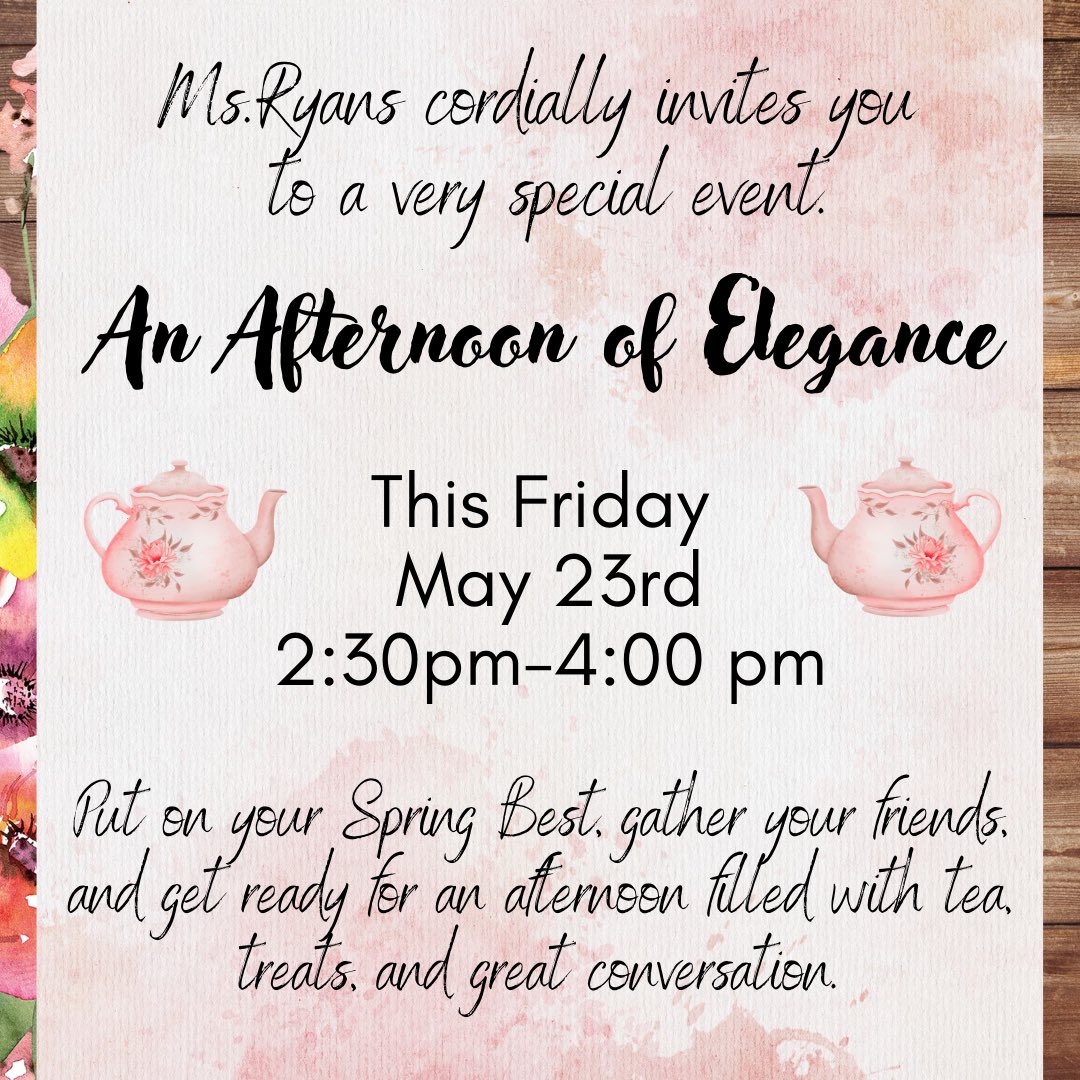 🌸All 6th GRADE GIRLS!! It’s your time to shine, relax, and enjoy something truly lovely and just for you! 💖✨
Don’t miss out on this delightful celebration of style, friendship, and elegance.
We can’t wait to see you there! <a href="/WestBriarMS/">West Briar Middle School</a> <a href="/CounselorRyans/">Counselor B.Ryans</a>