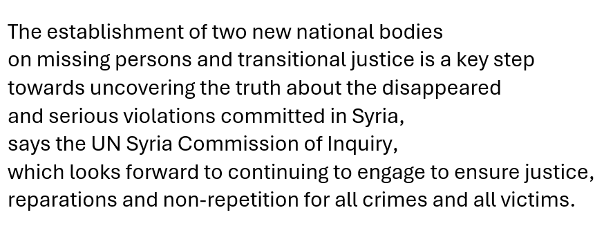 UN Syria Commission of Inquiry (@uncoisyria) on Twitter photo . <a href="/UNCoISyria/">UN Syria Commission of Inquiry</a>: New nat'l bodies on missing persons & transitional justice in #Syria are key step for truth on disappeared & violations. We look forward to engaging for justice, reparations, non-repetition for all victims. . <a href="/UNCoISyria/">UN Syria Commission of Inquiry</a>: New nat'l bodies on missing persons & transitional justice in #Syria are key step for truth on disappeared & violations. We look forward to engaging for justice, reparations, non-repetition for all victims.