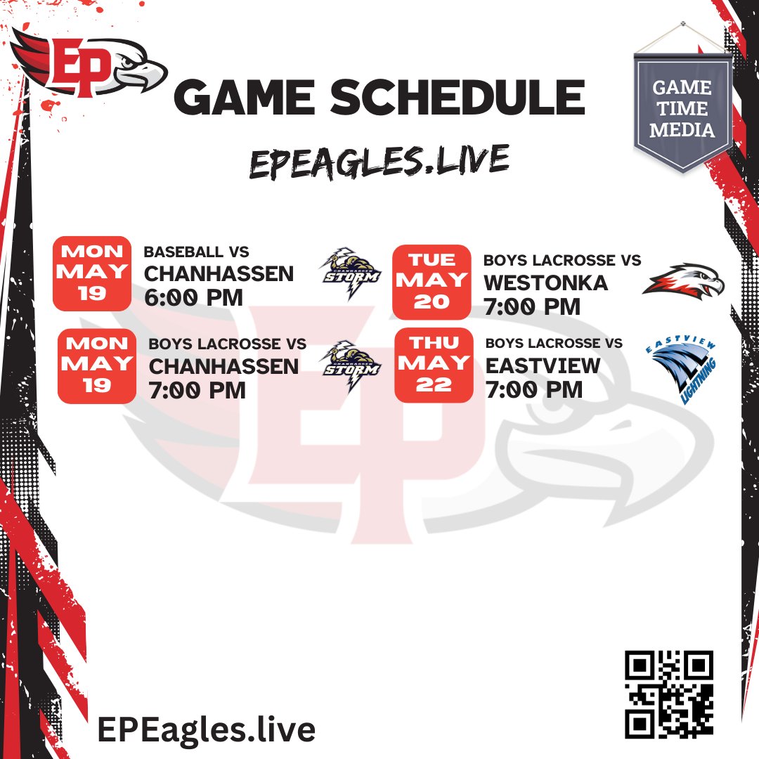 Eagles lineup this week 🦅⚾🥍
5/19-5/22: Baseball and Lacrosse

Watch live: EPEagles.Live

#EdenPrairie #MNHighSchoolSports
