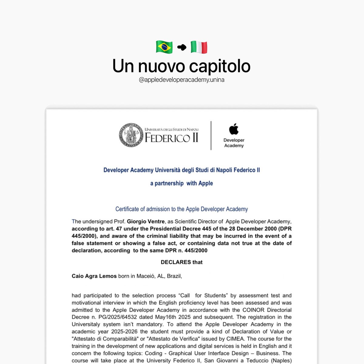 Time for a new chapter! 
I'm moving to Italy in September to join <a href="/devacademyunina/">Apple Developer Academy @UNINA</a>! I’m thrilled to have the chance to be surrounded by a creative environment that will help me grow and develop myself!
Naples, here I come!

#Swift #SwiftUI