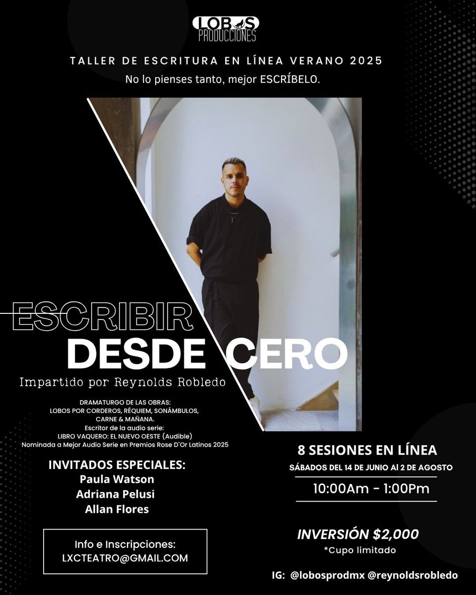 ¡Arrancamos nuevo taller de verano 2025 #EscribirDesdeCero! ✍️

8 SESIONES VIRTUALES. 

SÁBADOS de 10am a 1pm. 

Iniciamos el sábado 14 DE JUNIO.

Invitados especiales #PaulaWatson #AdrianaPelusi #AllanFlores 

No lo pienses tanto. Mejor escríbelo. Info DM.